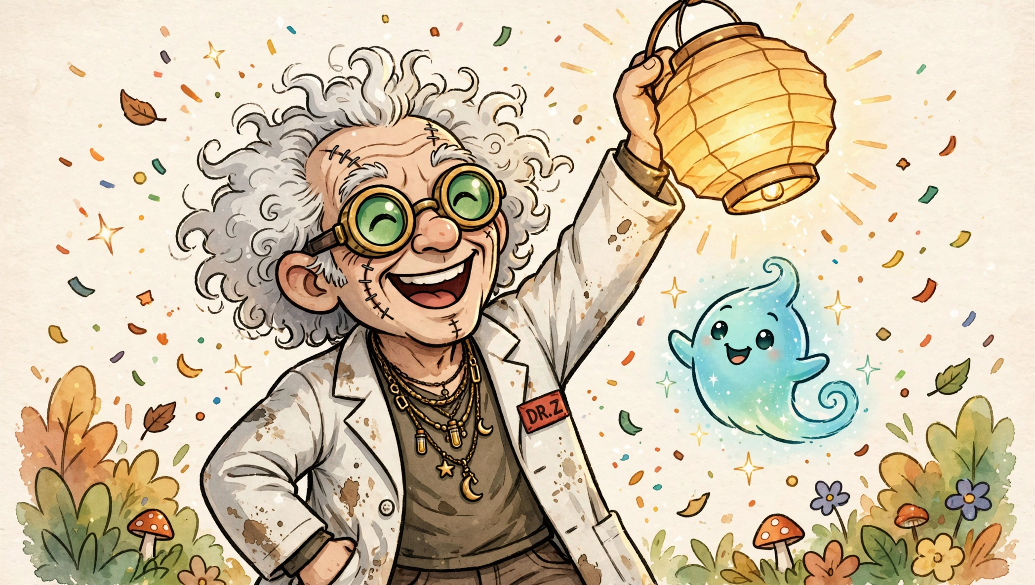 Dr. Z triumphantly holding a glowing lantern high as Wisp soars beside him