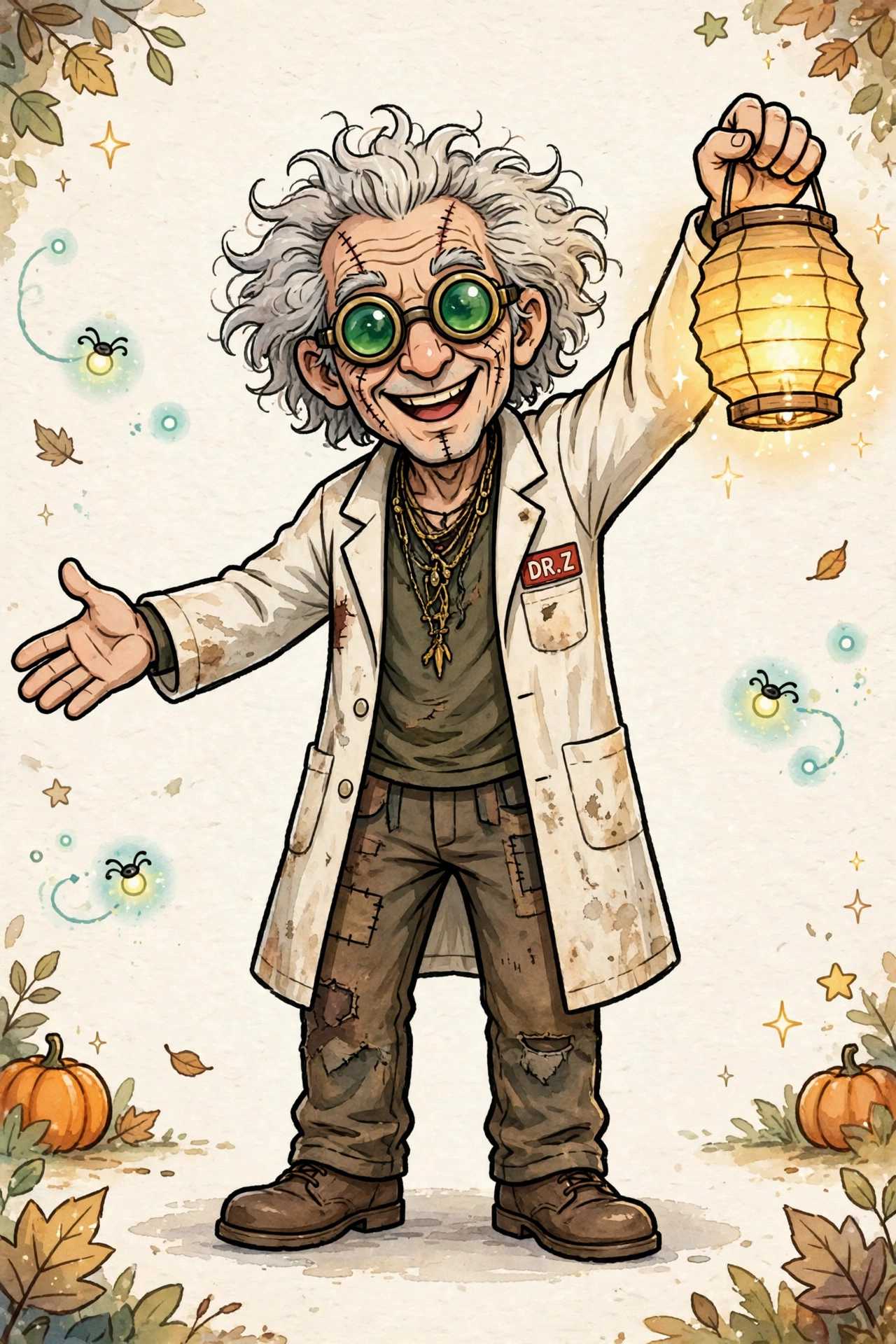 Dr. Z, the mad scientist Game Master, welcoming you with a glowing lantern
