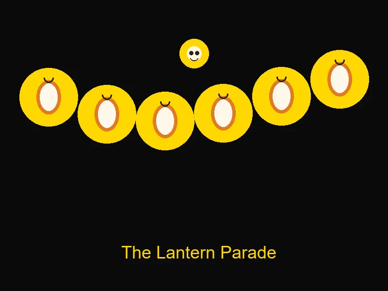The lantern parade: Wisp soaring joyfully above a night path lined with glowing lanterns